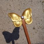 Hair Stick Wood Carving Golden Butterfly With..